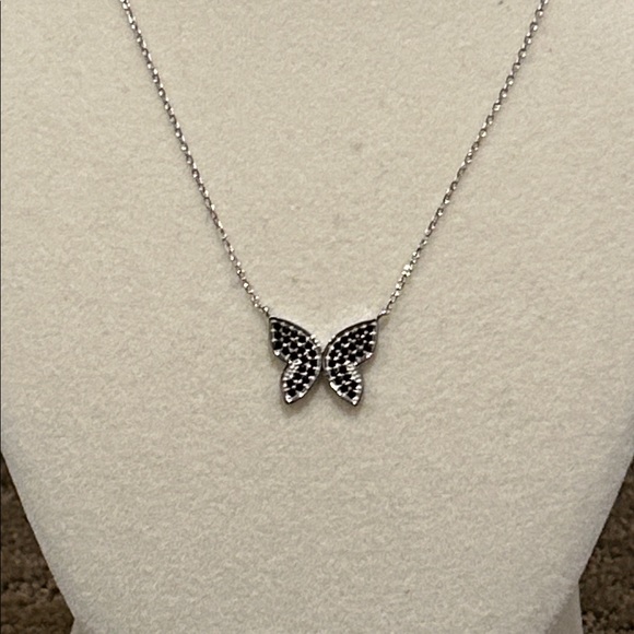 Elegant Cubic Zirconia Encrusted & Black Crystal 925 Silver Butterfly Necklace - Picture 3 of 6